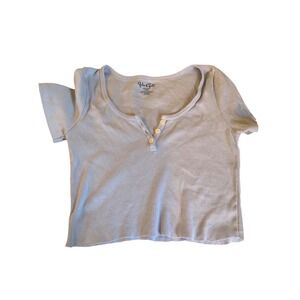 John Galt Brandy Melville Light Blue Ribbed Henley Short Sleeve Crop Top OSFA